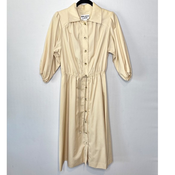 60s Melissa Lane Vintage Shirt Dress Size L Beige Drawstring Waist Puff Sleeve‎ - Picture 2 of 12
